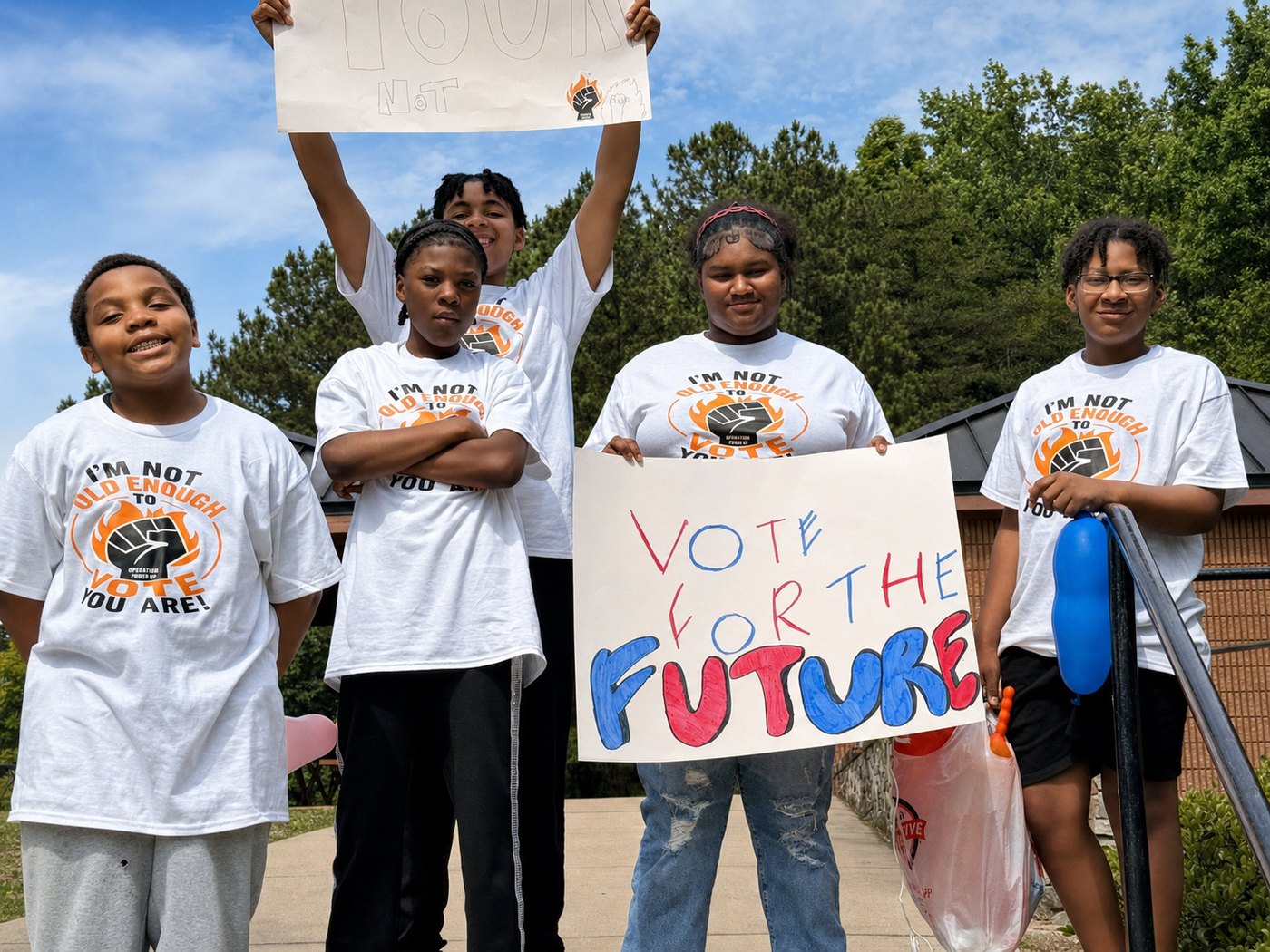 Operation Forward students in shirts reading I'm not old enough to vote, you are, holding a handmade Vote For The Future sign